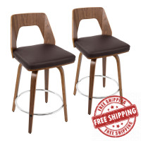 Lumisource B24-TRILOR WLBN2 Trilogy Mid-Century Modern Counter Stool in Walnut and Brown Faux Leather - Set of 2